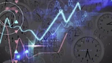 Hareket eden saatler üzerinde grafik ve veri işleme animasyonu. küresel iletişim, veri işleme ve dijital arayüz kavramı, dijital olarak oluşturulmuş video.