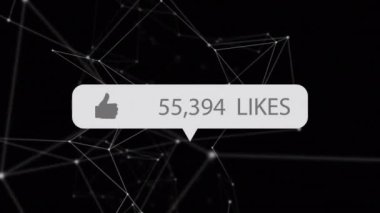 Bağlantı ağı üzerinden beğeni sayısının animasyonu. küresel iletişim, veri işleme ve sosyal medya konsepti, dijital olarak oluşturulmuş video.
