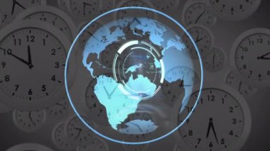 Yerküreyi tarayan ve saatleri hareket ettiren dürbünün animasyonu. küresel iletişim, veri işleme ve dijital arayüz kavramı, dijital olarak oluşturulmuş video.