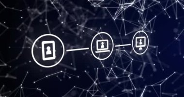 Siyah arkaplan üzerindeki simgelerle bağlantı ağının animasyonu. küresel iletişim, veri işleme ve dijital arayüz kavramı, dijital olarak oluşturulmuş video.