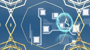 Saatin hareket halindeki animasyonu, mavi arkaplandaki altın desenli bağlantılar ağı. küresel teknoloji, veri işleme ve dijital arayüz kavramı dijital olarak oluşturulmuş video.