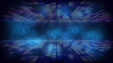 Yanıp sönen ışık duvarı ve boş mekanın dans pistinde mavi ışık noktaları. kutlama, parti, müzik ve olay konsepti dijital olarak oluşturulmuş video.
