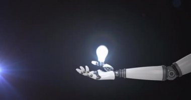 Genişletilmiş robot kolunun üzerinde yanan ampulün animasyonu ve koyu arkaplanda ışık. Elektrik mühendisliği teknolojisi, iletişim ve araştırma konsepti dijital olarak oluşturulmuş video.