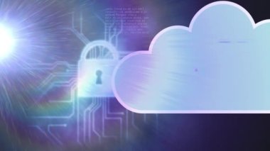 Çevrimiçi güvenlik kilidi ve dijital bulut üzerinden veri işleme animasyonu. küresel bağlantılar, dijital arayüz ve dijital olarak oluşturulmuş video işleme konsepti.