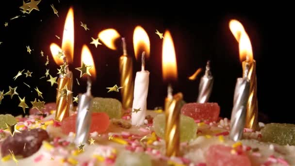 Animazione Torta Compleanno Stelle Sfondo Nero Partito Celebrazione Concetto Video — Video Stock