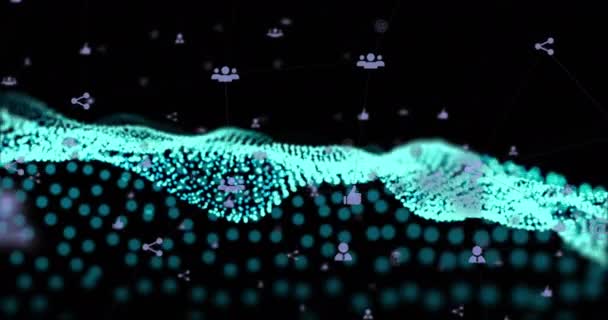 Animatie Van Digitale Iconen Lichtvlekken Zwarte Achtergrond Mondiaal Concept Voor — Stockvideo