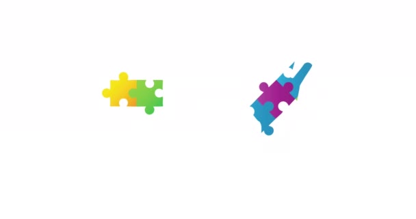 自闭症多彩的拼图在白色背景上形成了手与正方形的动画 自闭症 学习困难 支持和意识概念数字生成的视频 — 图库视频影像