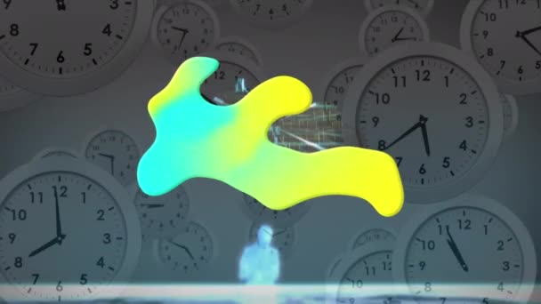 Animation Yellow Blue Shape Data Processing Moving Clocks Global Communication — Stock Video