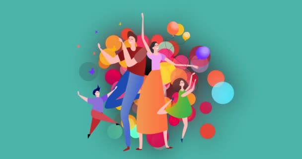 Animação Família Feliz Dançando Com Balões Fundo Azul Família Celebração — Vídeo de Stock