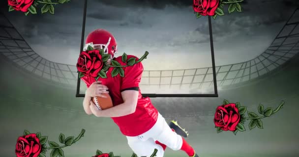 Animace Rudých Růží Padající Mužského Amerického Fotbalisty Akci Míčem Stadionu — Stock video