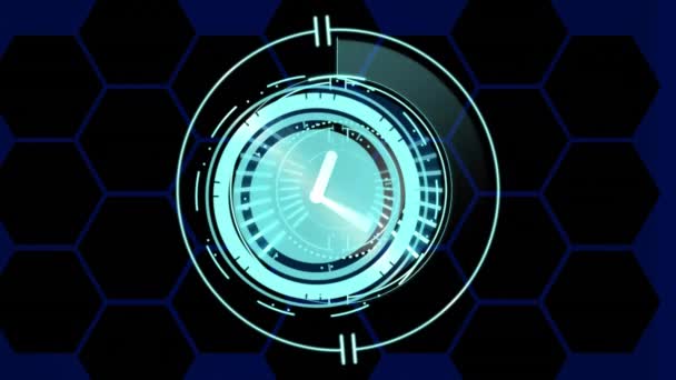 Animação Relógio Movimento Varredura Escopo Sobre Hexágonos Fundo Azul Conceito — Vídeo de Stock