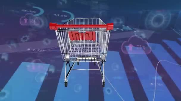Animation Von Statistiken Und Finanzdatenverarbeitung Über Leere Einkaufswagen Finanzen Einkaufen — Stockvideo