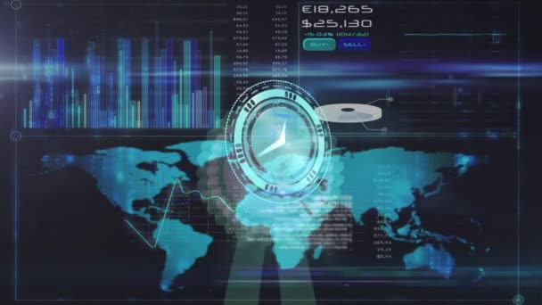 Animazione Orologio Movimento Elaborazione Dati Mappa Del Mondo Comunicazione Globale — Video Stock