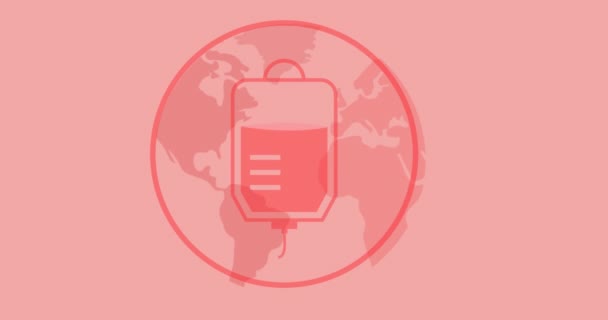 Animatie Van Bloed Verzamelen Zak Donor Logo Hele Wereld Roze — Stockvideo