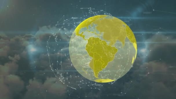 地球のアニメーションと空の接続のネットワーク 地球規模の通信 データ処理 デジタルインターフェースの概念 デジタルで生成されたビデオ — ストック動画