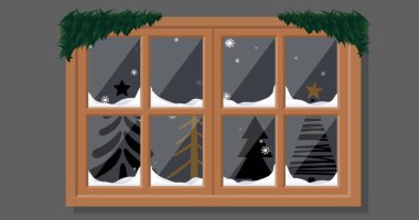 Pencereden görünen Noel ağaçlarının üzerine yağan kar görüntüsü. Noel, gelenek ve kutlama konsepti dijital olarak oluşturuldu.