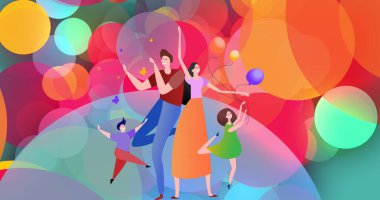 Mavi arka planda balonlarla dans eden mutlu aile görüntüsü. aile, kutlama, aşk ve birliktelik kavramı dijital olarak oluşturulmuş imaj.