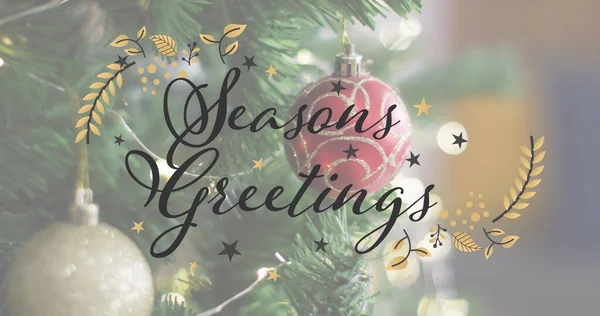 Image Seasons Greetings Text Christmas Tree Christmas Winter Tradition Celebration — Stock Photo, Image
