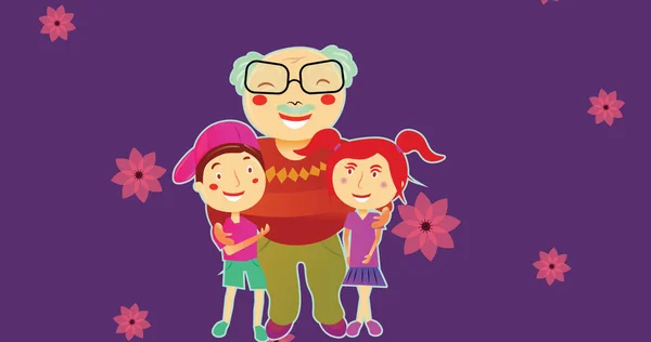Image Illustration Happy Grandfather Hugging Grandson Granddaughter Pink Flowers Family — Stock Photo, Image