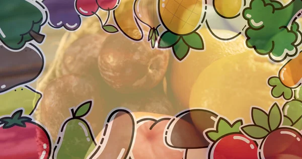 新鮮なレモンの上に果物や野菜とイラストのイメージ 健康的な食事とライフスタイルのコンセプトをデジタルで — ストック写真