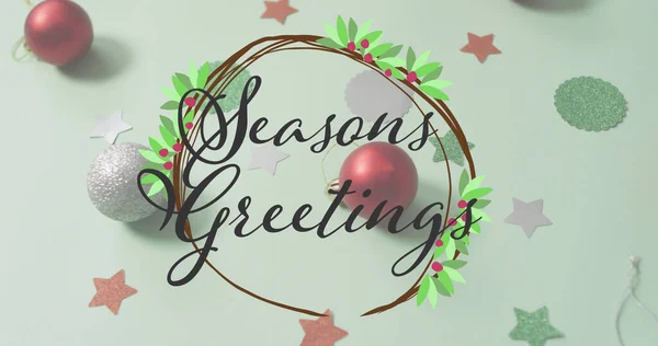 Image Seasons Greetings Text Christmas Decorations Christmas Winter Tradition Celebration — Stock Photo, Image