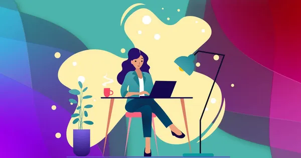 Imagen Ilustración Mujer Sentada Mesa Con Café Usando Portátil Sobre — Foto de Stock