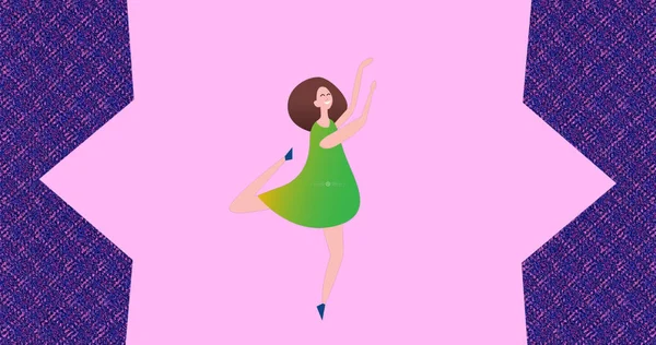 喜びのために踊る幸せな女性のイラストのイメージ ピンクの形の上 紫の背景に ポジティビティ健康お祝いのコンセプトデジタルで生成されたイメージ — ストック写真