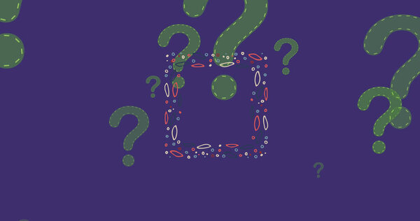 Image of rising green question marks and colourful patterned frame on purple background. mystery, energy and presentation, abstract interface background concept digitally generated image.