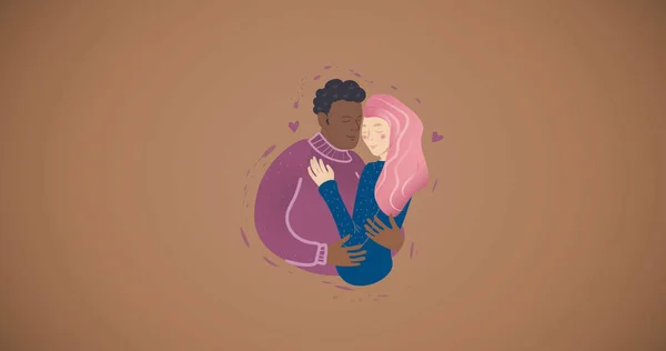Imagen Ilustración Feliz Pareja Birracial Abrazando Sobre Fondo Marrón Amor — Foto de Stock
