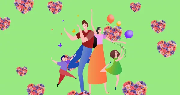 Balonlarla Çiçeklerle Yeşil Üzerinde Dans Eden Mutlu Bir Aile Resmi — Stok fotoğraf