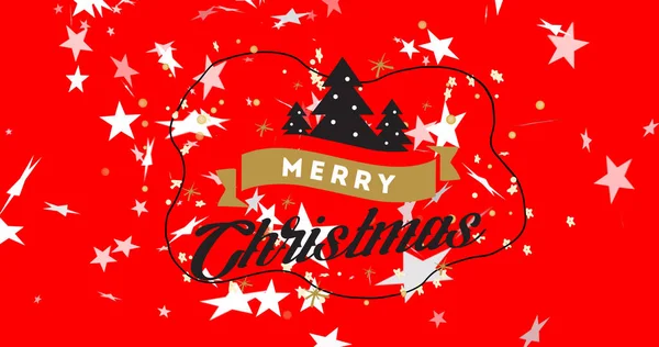 快乐的圣诞文字 树木丛生 红底白星飘落的画面 圣诞节 传统和庆祝概念数字生成的图像 — 图库照片