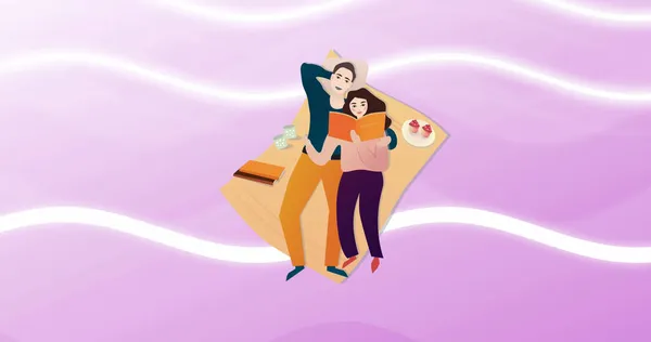 Изображение Счастливой Пары Лежащей Одеяле Пикника Розовом Фоне Концепция Любви — стоковое фото