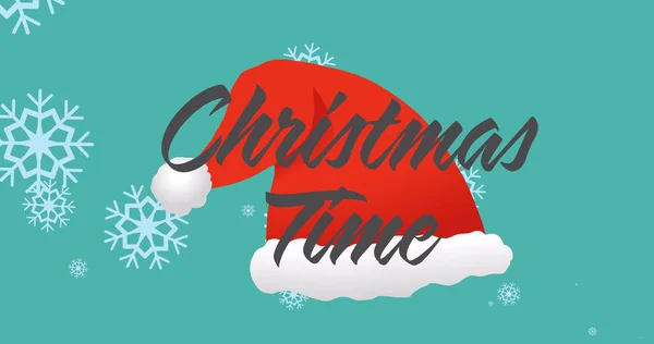 Image Christmas Time Text Snow Falling Santa Hat Christmas Winter — Stock Photo, Image