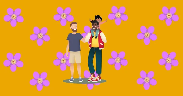 Image Illustration Happy Biracial Gay Male Parents Son Purple Flowers — Stock Photo, Image