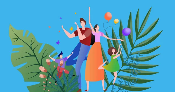 Afbeelding Van Illustratie Van Gelukkige Familie Dansen Met Ballonnen Met — Stockfoto