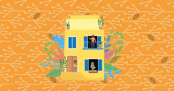 Sarı Evdeki Mutlu Ebeveyn Oğulun Portakallı Dallı Yapraklı Görüntüsü Aile — Stok fotoğraf