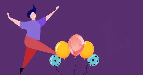 Image Illustration Happy Man Woman Dancing Joy Balloons Purple Background — Stock Photo, Image