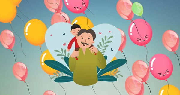 Mavinin Üzerinde Renkli Balonlar Olan Mutlu Baba Oğulun Tasviri Aile — Stok fotoğraf