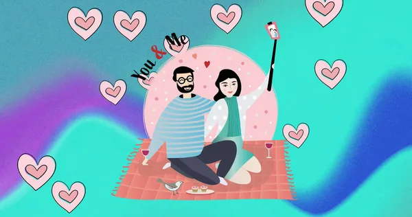 Obrázek Šťastného Páru Piknikové Přikrývce Selfie Růžovými Srdci Koncept Lásky — Stock fotografie