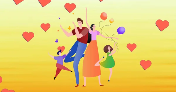 图片中的快乐家庭与气球和红心在黄色背景下跳舞的图片 健康和团聚概念数字生成的图像 — 图库照片