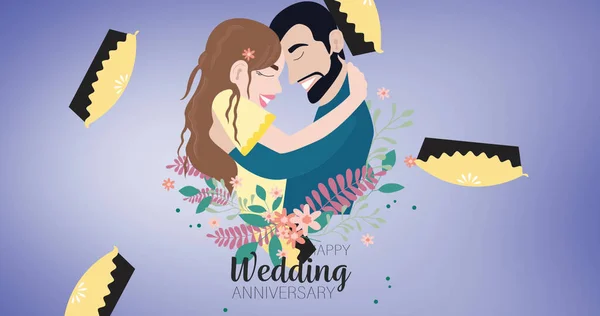 Házassági Évforduló Szövegének Illusztrációja Párölelgetés Virágokkal Süteményekkel Házasság Szerelem Egészség — Stock Fotó
