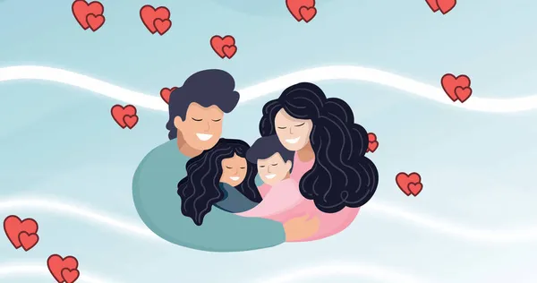 Mosolygó Szülők Vörös Szívvel Ölelkező Gyerekek Illusztrációjának Képe Család Szeretet — Stock Fotó