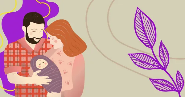 Изображение Иллюстрации Улыбающихся Родителей Держащих Ребенка Органическими Формами Фиолетовыми Листьями — стоковое фото