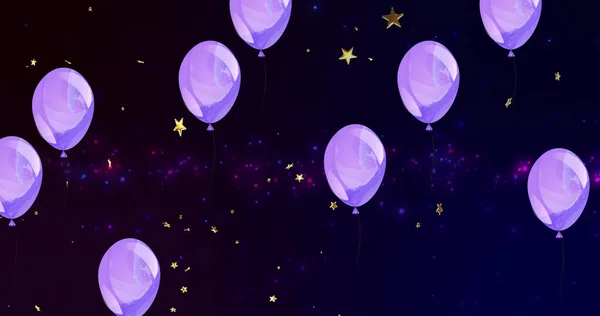 Bild Von Sternen Die Über Luftballons Auf Schwarzem Hintergrund Schweben — Stockfoto
