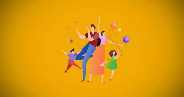 黄色の背景に風船で踊る幸せな家族のイラストのイメージ お祝い 健康と団結の概念がデジタルで生成されたイメージ — ストック写真