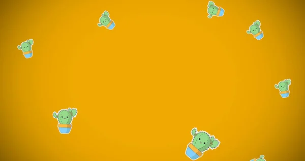 Зображення Зелених Горщиків Кактусів Обличчями Падають Жовтий Фон Природа Зростання — стокове фото