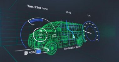 Araç arayüzündeki hız göstergesi, GPS ve durum verilerinin animasyonu, 3d 'den fazla minibüs modeli. Ulaşım ve teknoloji, mühendislik tasarımı ve dijital arayüz konsepti dijital olarak oluşturulmuş video.