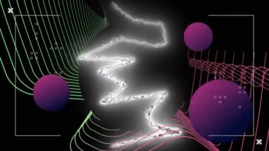 Beyaz elektrik akımları, paralel eğriler ve kürelerle arayüz işleme verilerinin animasyonu. enerji, iletişim ve veri aktarım konsepti dijital olarak oluşturulmuş video.