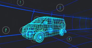Siyah zemin üzerinde hareket eden 3d minibüs modeli üzerinde simge işleme durum verilerinin canlandırılması. Ulaşım ve yakıt teknolojisi, mühendislik tasarımı ve dijital arayüz konsepti dijital olarak oluşturulmuş video.