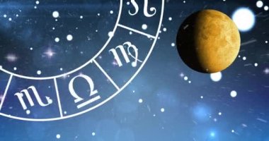 Gezegenin dijital animasyonu ve uzaydaki burçların spiral sembolleri. burç ve astroloji kavramı